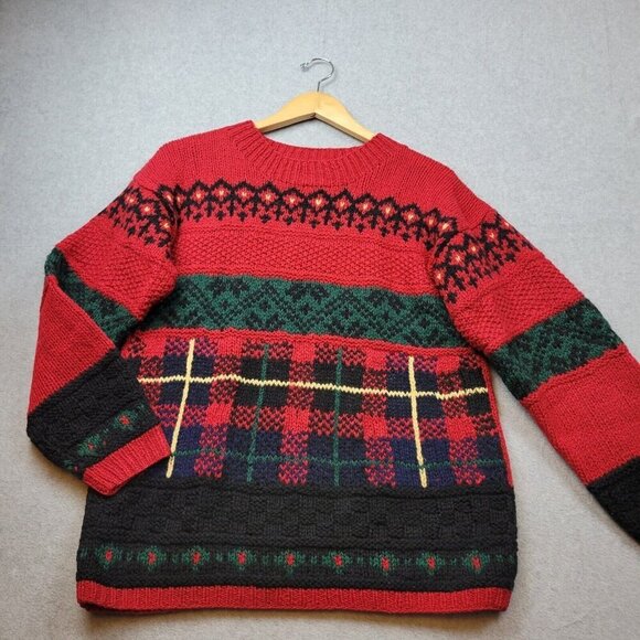 Vintage Hand Knit Wool Sweater Womens Medium Shetland Wool Fair Isle Holiday - Picture 1 of 7